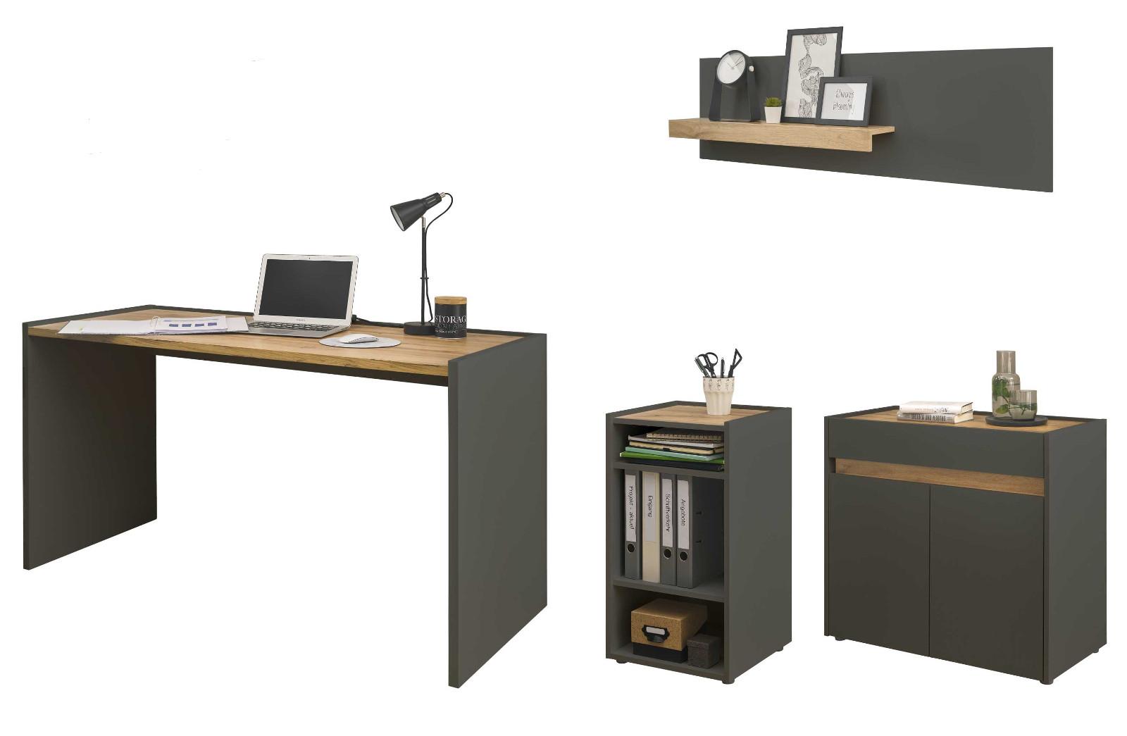 SCHREIBTISCHKOMBINATION 4-teilig grau matt, Eiche Wotan, Büromöbel Set mit viel Stauraum - Eiche Wotan/Schwarz, Holzwerkstoff/Kunststoff (140/143/180cm) - Furn.Design