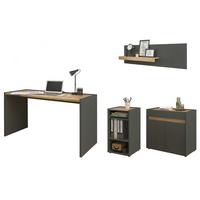 SCHREIBTISCHKOMBINATION 4-teilig grau matt, Eiche Wotan, Büromöbel Set mit viel Stauraum - Eiche Wotan/Schwarz, Holzwerkstoff/Kunststoff (140/143/180cm) - Furn.Design