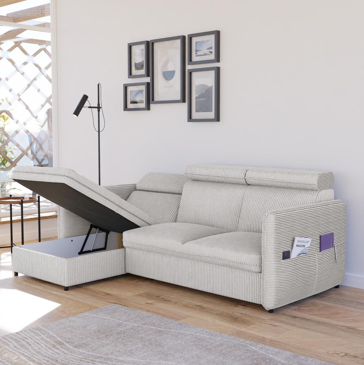 ECKSOFA mit Schlaffunktion und Bettkasten, Beige - Beige, Holzwerkstoff/Textil (220/140cm) - Idohome