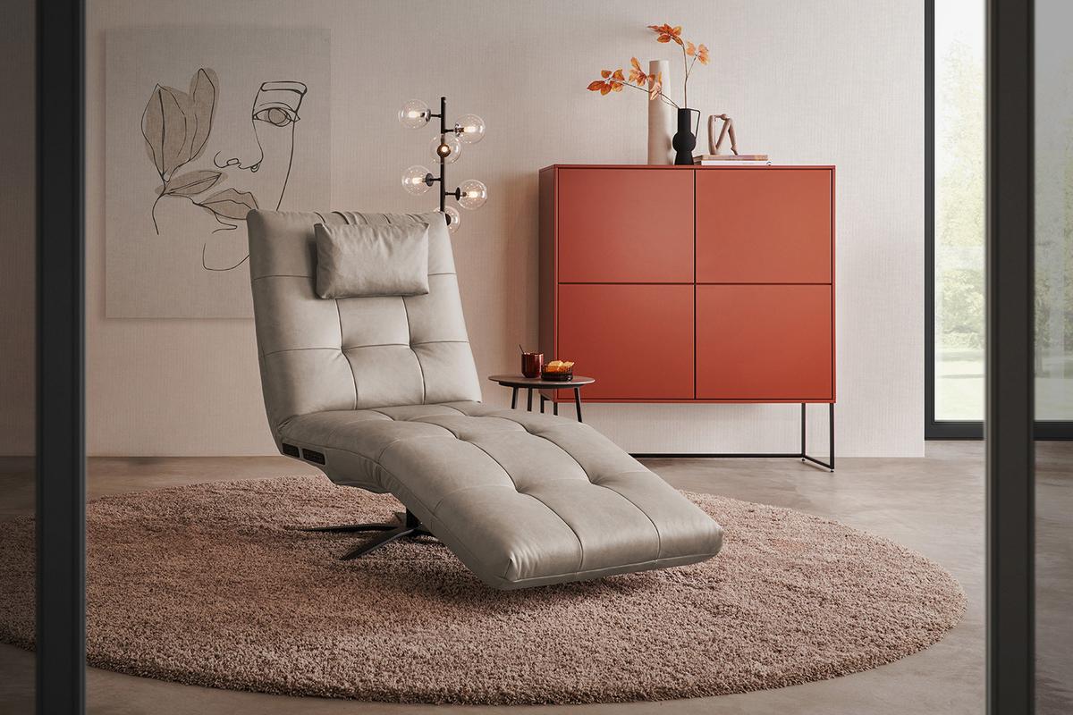 RELAXLIEGE LETICIA Grau Leder Drehbar (360°), Relaxfunktion - Schwarz/Grau, Leder/Metall (82/115/156cm) - KAWOLA