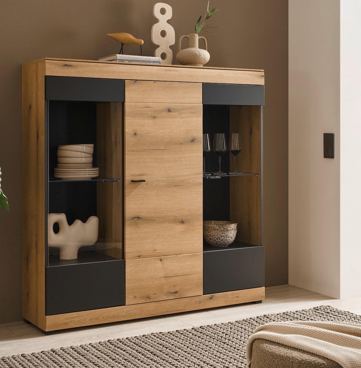 HIGHBOARD in Eiche, grau 140 x 141 cm, Vitrine mit Soft-Close - Kaschmir/Eichefarben, Glas/Holzwerkstoff (140/141/35cm) - Furn.Design