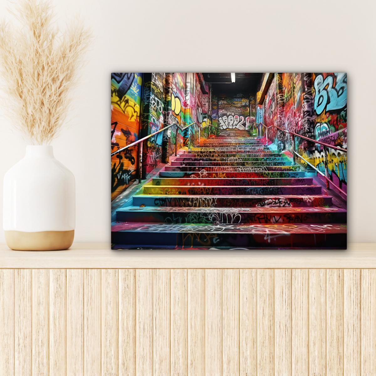 LEINWANDBILD Treppe - Graffiti - Farben - Kunst Wandbild 40x30 cm - Multicolor, Textil (40/30cm) - MuchoWow