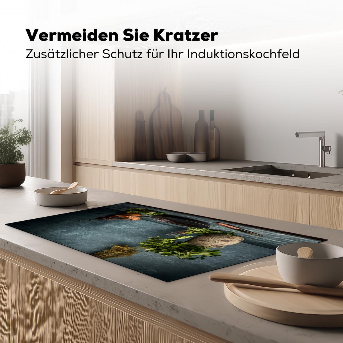 HERDABDECKPLATTE Kräuter - Gewürze - Pfanne - Messer - Grau - Rustikal Induktionsschutz 91.6x52.7 cm - Petrol, Kunststoff (91.6/52.7/0.2cm) - MuchoWow