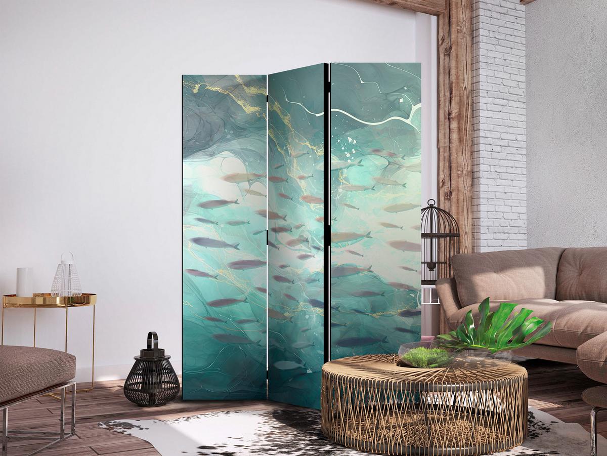 PARAVENT Beidseitig Bedruckter 3-tlg 135x172 cm Fische Im Meer Boho - Multicolor, Holz/Textil (135/172/3cm) - Muralo