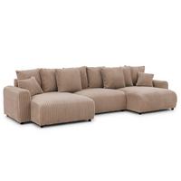 WOHNLANDSCHAFT Calma mit Schlaffunktion und Bettkasten im Bumpy-Design aus weichem Beige Plüschcord - Beige/Schwarz, Holz/Textil (336/88/140cm) - S-Style