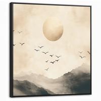LEINWAND Bilder mit Rahmen - Landschaft - Japandi - Vogel - 90x90 - Beige, Textil (90/90cm) - MuchoWow