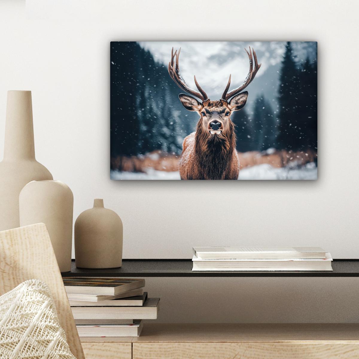 LEINWANDBILD Hirsche - Tiere - Landschaft - Winter - Schnee Deko Schlafzimmer 30x20 cm - Kastanienfarben, Textil (30/20cm) - MuchoWow
