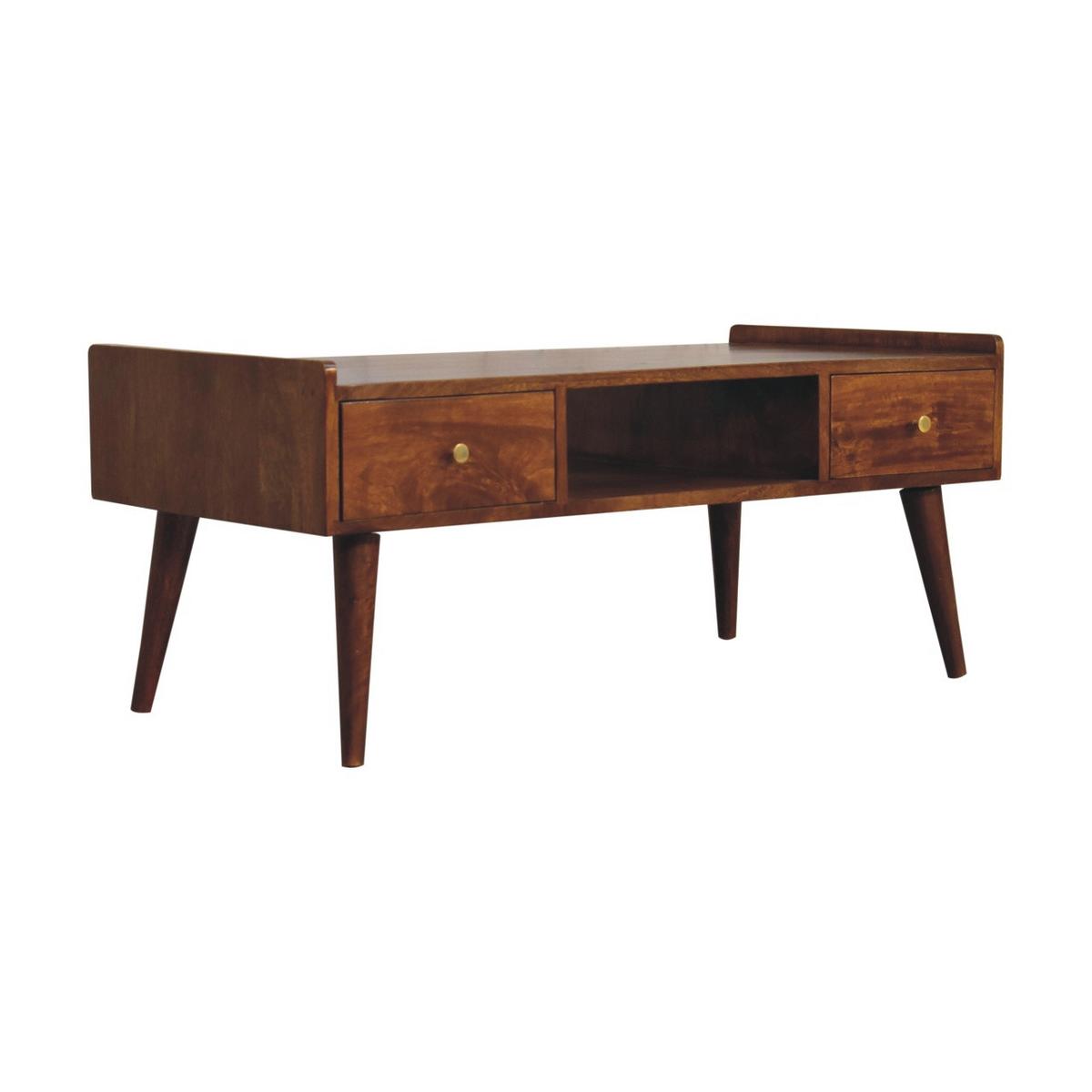 TV-EINHEIT Massivholz Erhöhtes Kastanienbraun, 2 Schubladen und Offenes Fach, Dunkelbraun - Dunkelbraun/Messingfarben, Mangoholz/Holz (100/43/50cm) - Artisan Furniture