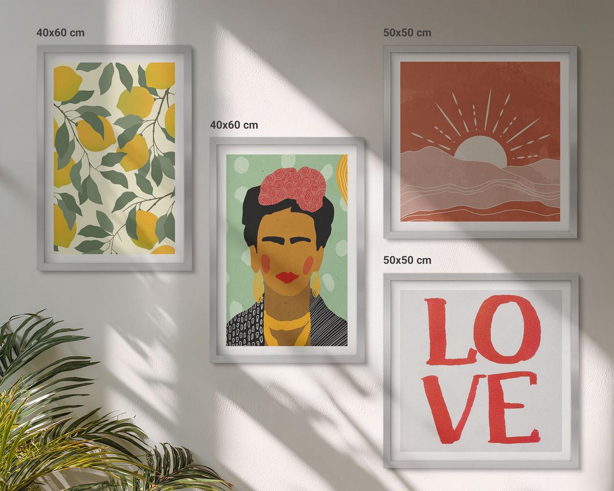 BILDER SET 4er Set - 50x50 cm & 40x60 cm Silberner Rahmen - Zitronen Inschrift Liebeslandschaft Frida - Silberfarben, Kunststoff (50/50cm) - TULUP