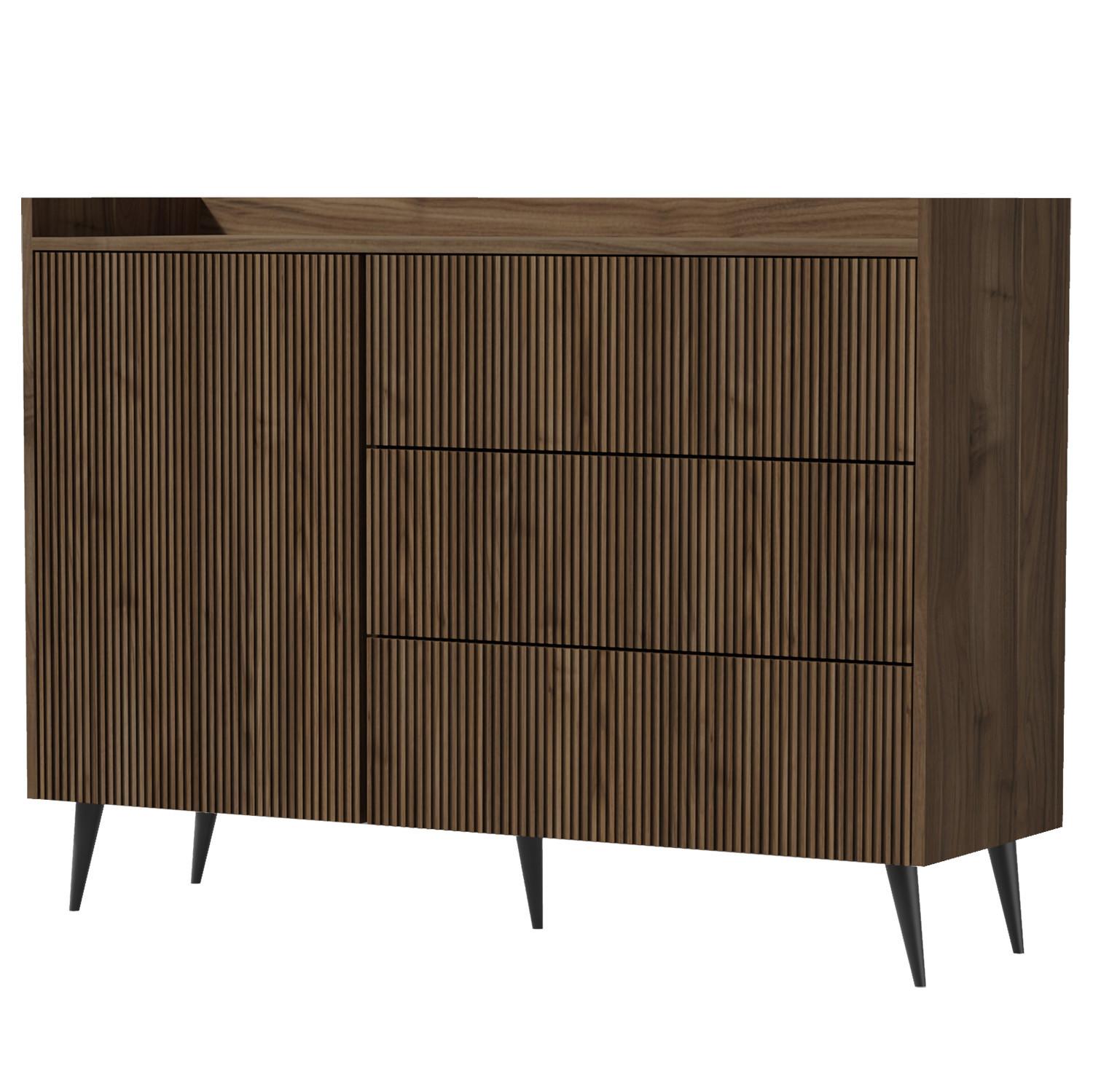 KOMMODE Amfali mit 1 Tür und 3 Schubladen, Push-to-open, Metallbeine, 126 cm, Walnussfarben - Walnussfarben/Schwarz, Holzwerkstoff/Metall (126/92/41cm) - Beautysofa