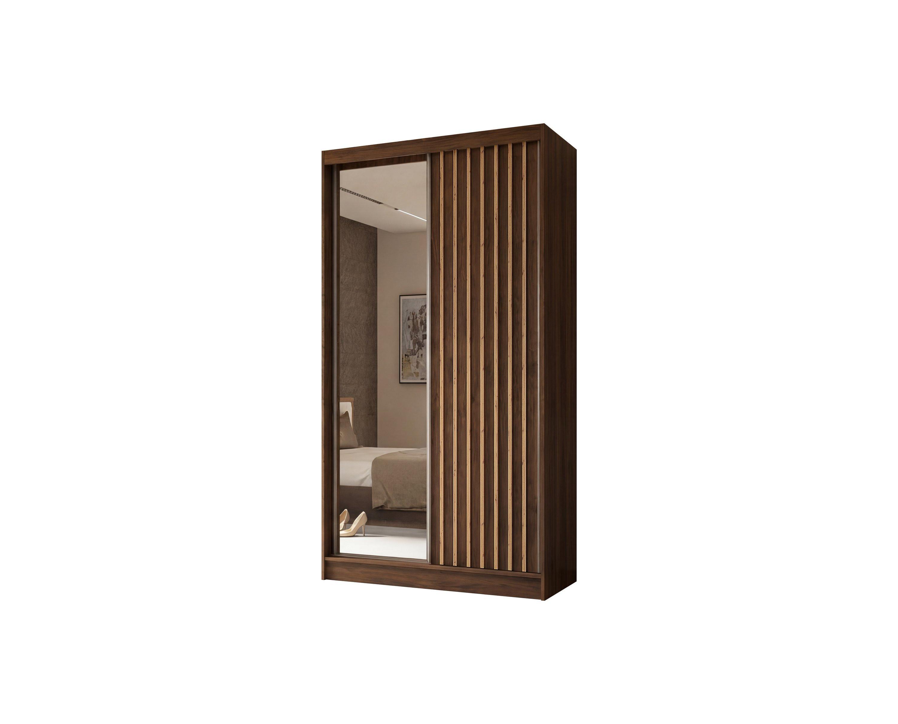 SCHWEBETÜRENSCHRANK LAMELLO 120/216/61 cm Modern Kleiderschrank 2-türig mit Spiegel Nussbaumfarben - Nussbaumfarben, Holzwerkstoff (120/216/61cm) - MASSENO