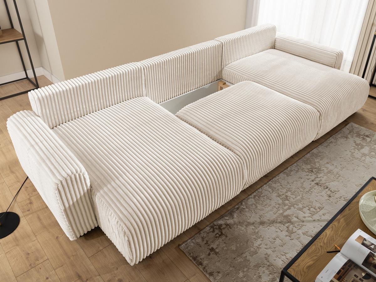 WOHNLANDSCHAFT Calma mit Schlaffunktion und Bettkasten im Bumpy-Design aus weichem Creme Plüschcord - Beige/Creme, Holz/Textil (336/88/140cm) - S-Style