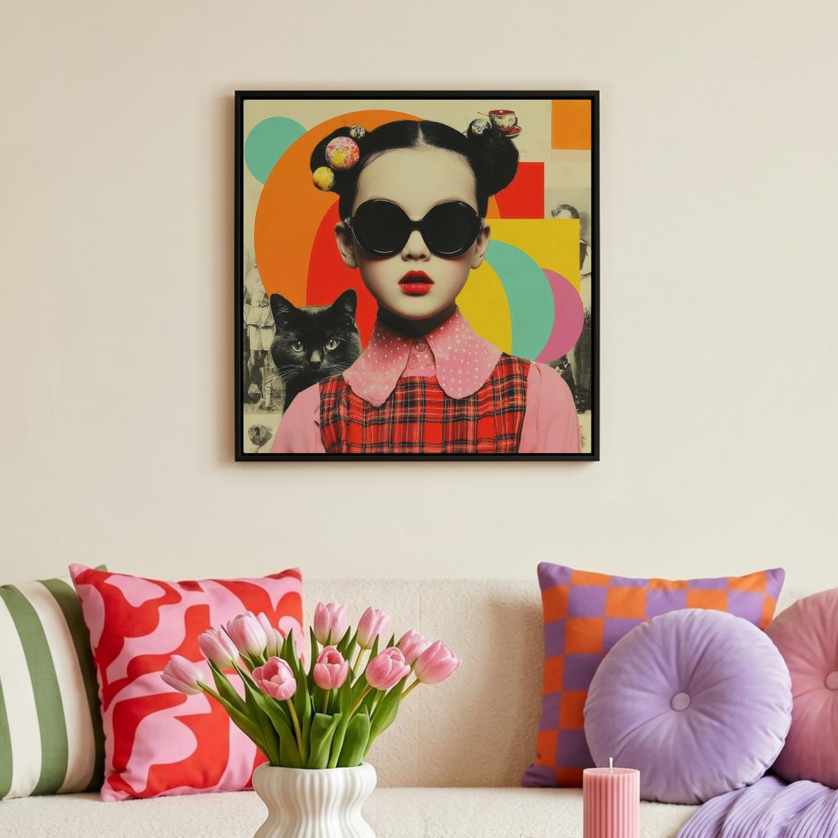 LEINWAND Bilder mit Rahmen - Mädchen - Sonnenbrille - Katze - Retro - 50x50 - Beige, Textil (50/50cm) - MuchoWow