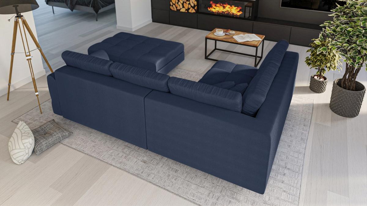 ECKSOFA MIT HOCKER Lorine Mikrofaser Dunkelblau - Hellbraun/Dunkelblau, Buchenholz/Textil (231/161cm) - S-Style Möbel