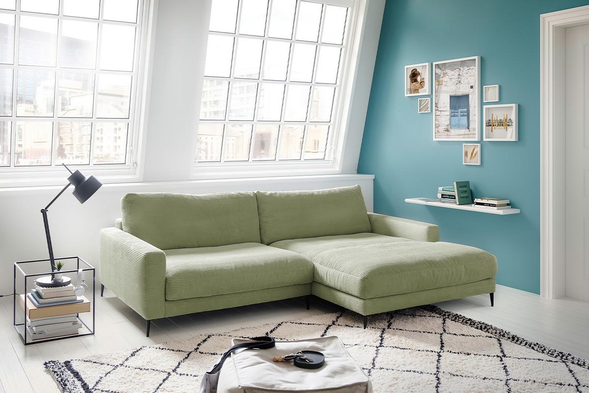 ECKSOFA CARA Grün Cord - Schwarz/Olivgrün, Textil/Metall (272/190cm) - KAWOLA
