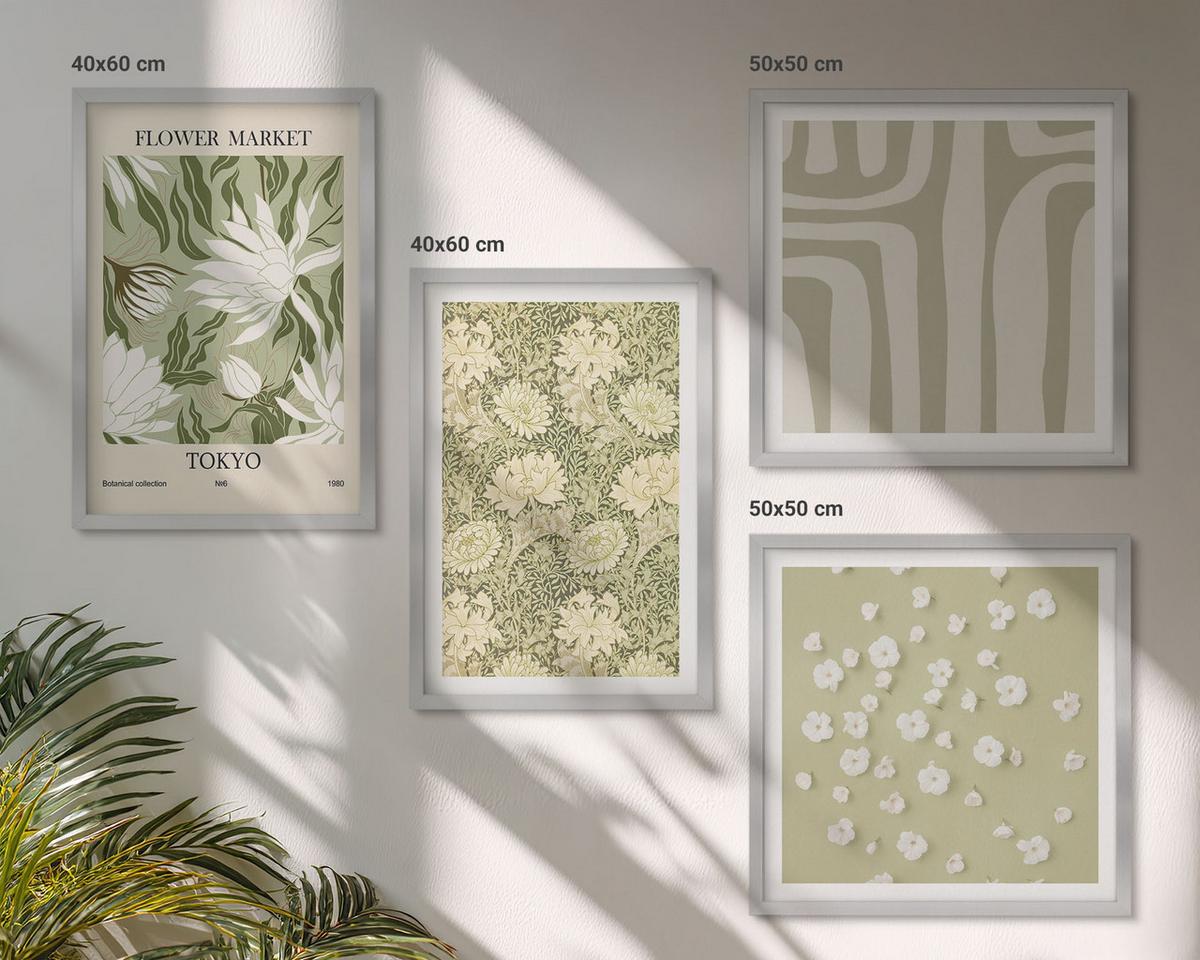 BILDER SET 4er Set - 50x50 cm & 40x60 cm Silberner Rahmen - Boho-Pflanzenkompositionen in Pastellfarben - Silberfarben, Kunststoff (50/50cm) - TULUP