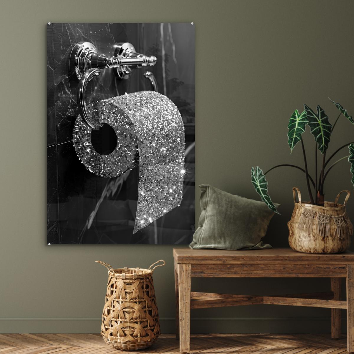 ACRYLGLASBILD WC - Toilettenpapier - Schwarz und weiß - Glitter 80x120 cm - Silberfarben, Glas (80/120cm) - MuchoWow