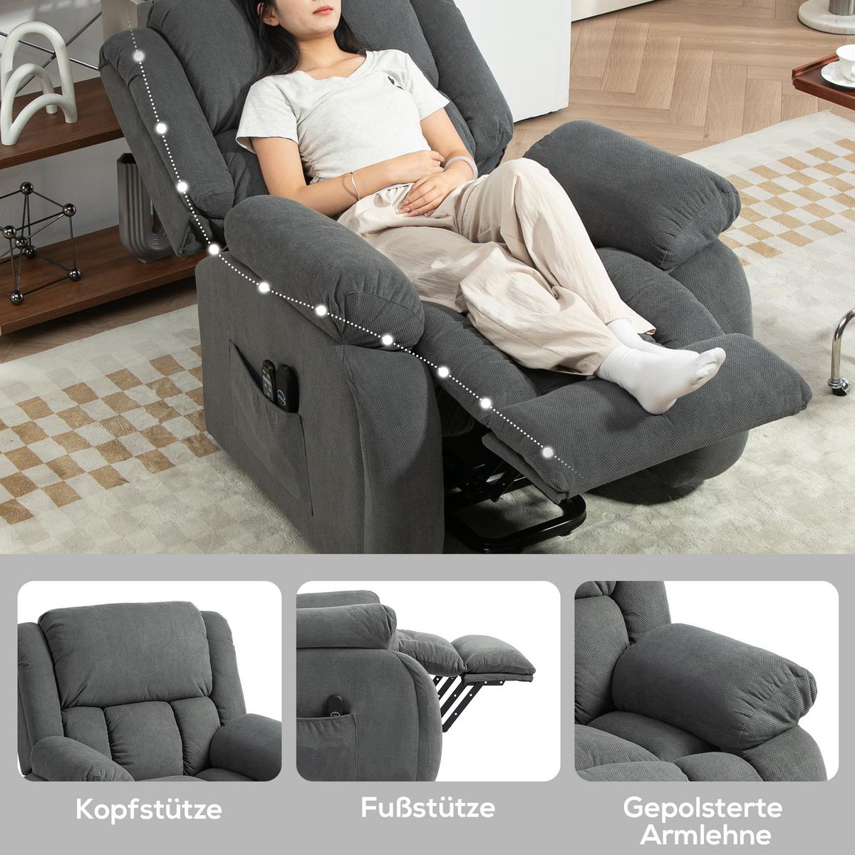 FERNSEHSESSEL mit Aufstehhilfe, Relaxsessel mit Liege-, Massagefunktion, Grau - Grau, Textil (104/100/93cm) - HOMCOM
