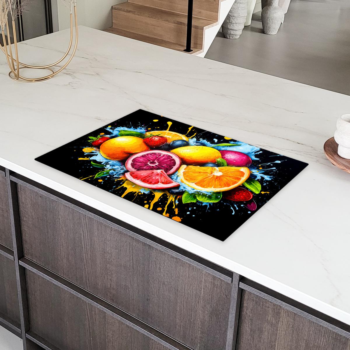HERDABDECKPLATTE Obst - Graffiti - Bunt - Orange - Erdbeere - Abstrakt Induktionsschutz 81.6x52.7 cm - Orange, Kunststoff (81.6/52.7/0.2cm) - MuchoWow