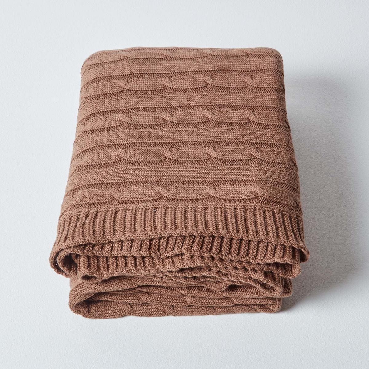 STRICKDECKE 150/200 cm, Baumwolle mit Zopfmuster - Braun, Textil (150/200cm) - Homescapes