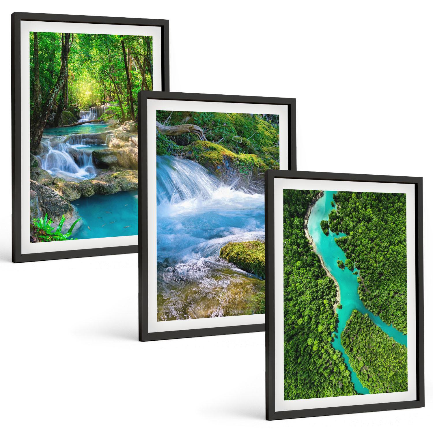 BILDER SET 3er Set - 40x60 cm Schwarzer Rahmen - Grüne Wälder, kristallklares Wasser - Schwarz, Kunststoff (40/60cm) - TULUP