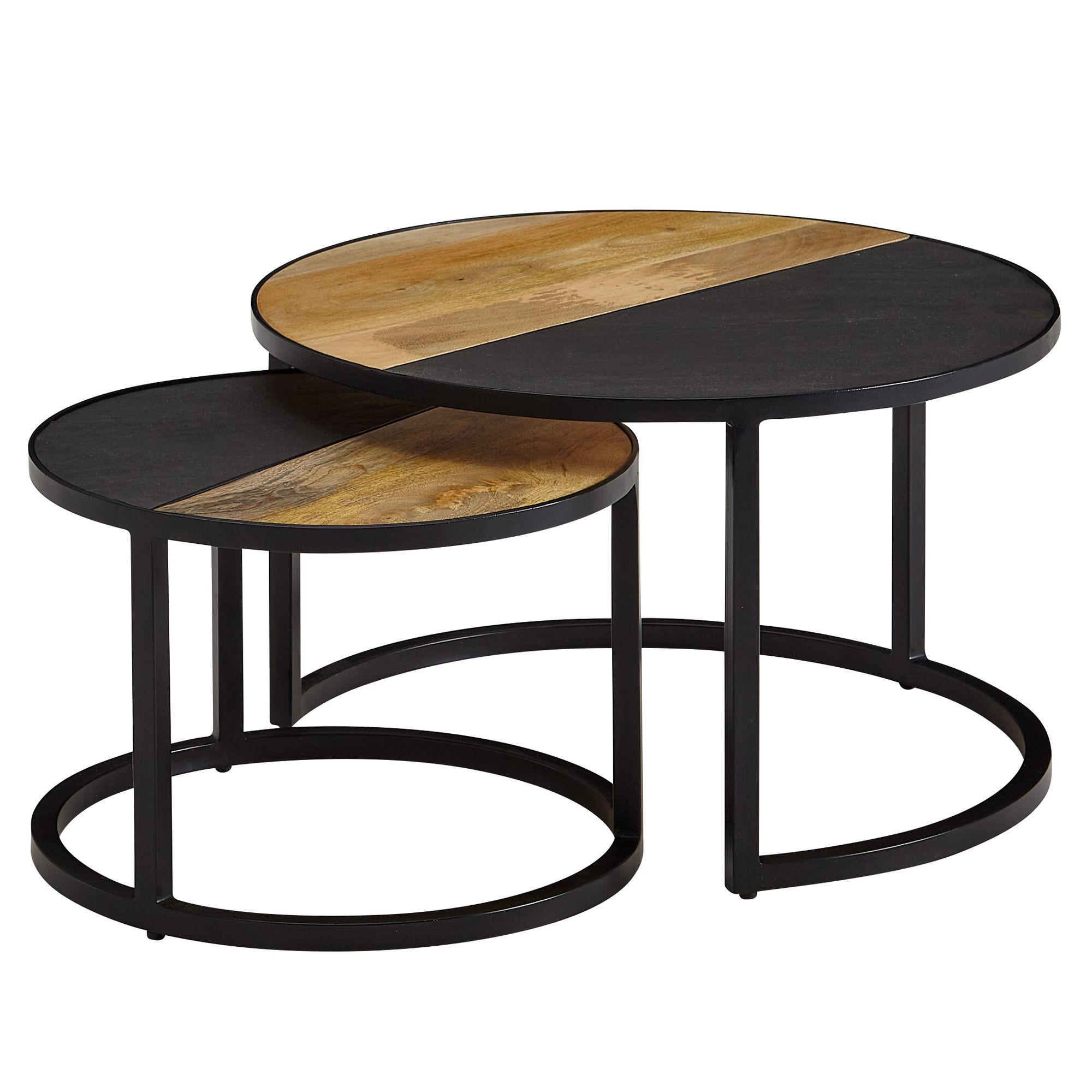 COUCHTISCH Set – Rund Mango Massivholz Metall Steinoptik 2-teilig - Schwarz, Holz/Metall (60/60/36cm) - KADIMA DESIGN