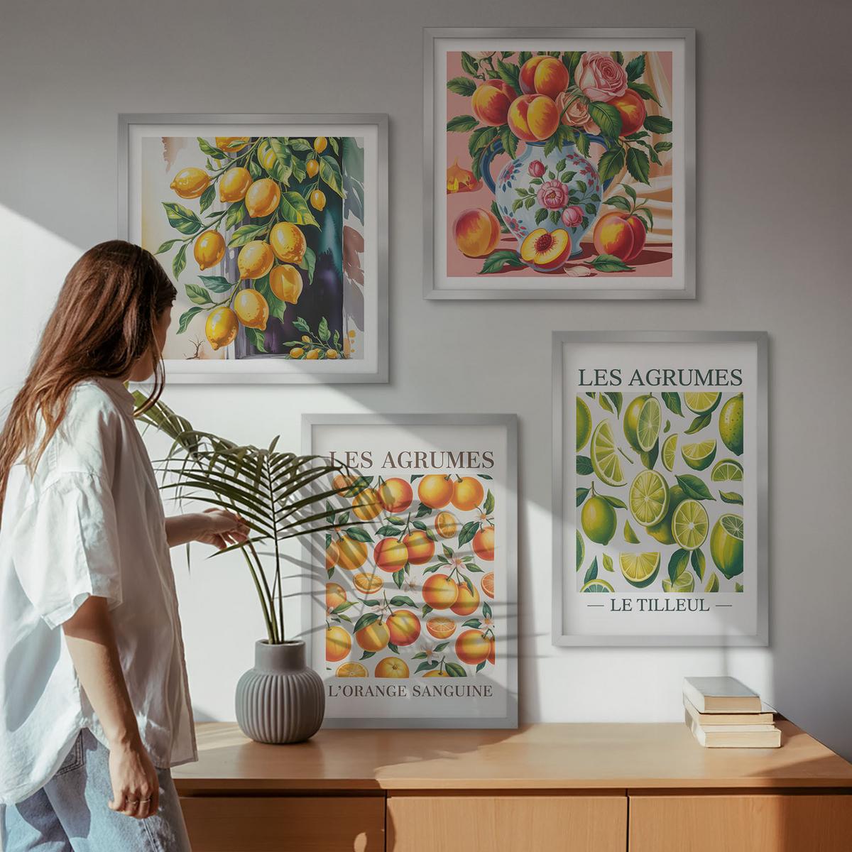 BILDER SET 4er Set - 50x50 cm & 40x60 cm Silberner Rahmen - Frische, farbenfrohe Zitrusfrüchte - Silberfarben, Kunststoff (50/50cm) - TULUP