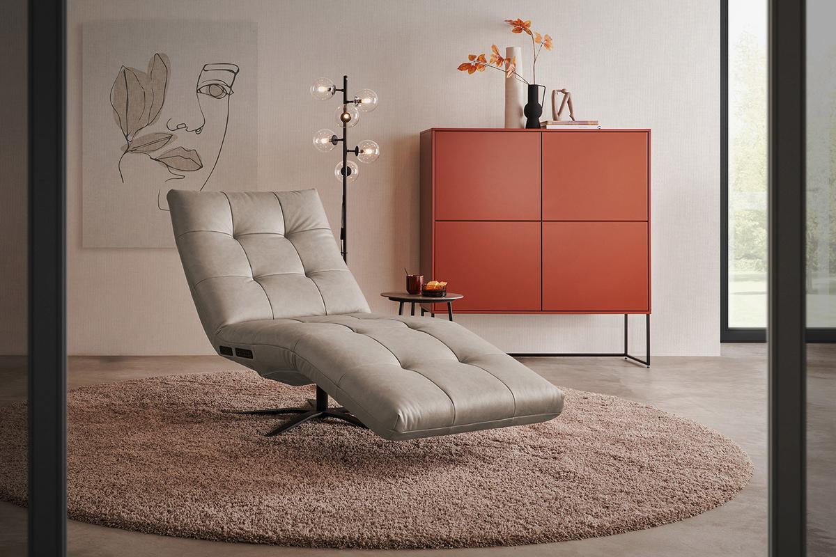 RELAXLIEGE LETICIA Grau Leder Drehbar (360°), Relaxfunktion - Schwarz/Grau, Leder/Metall (82/115/156cm) - KAWOLA