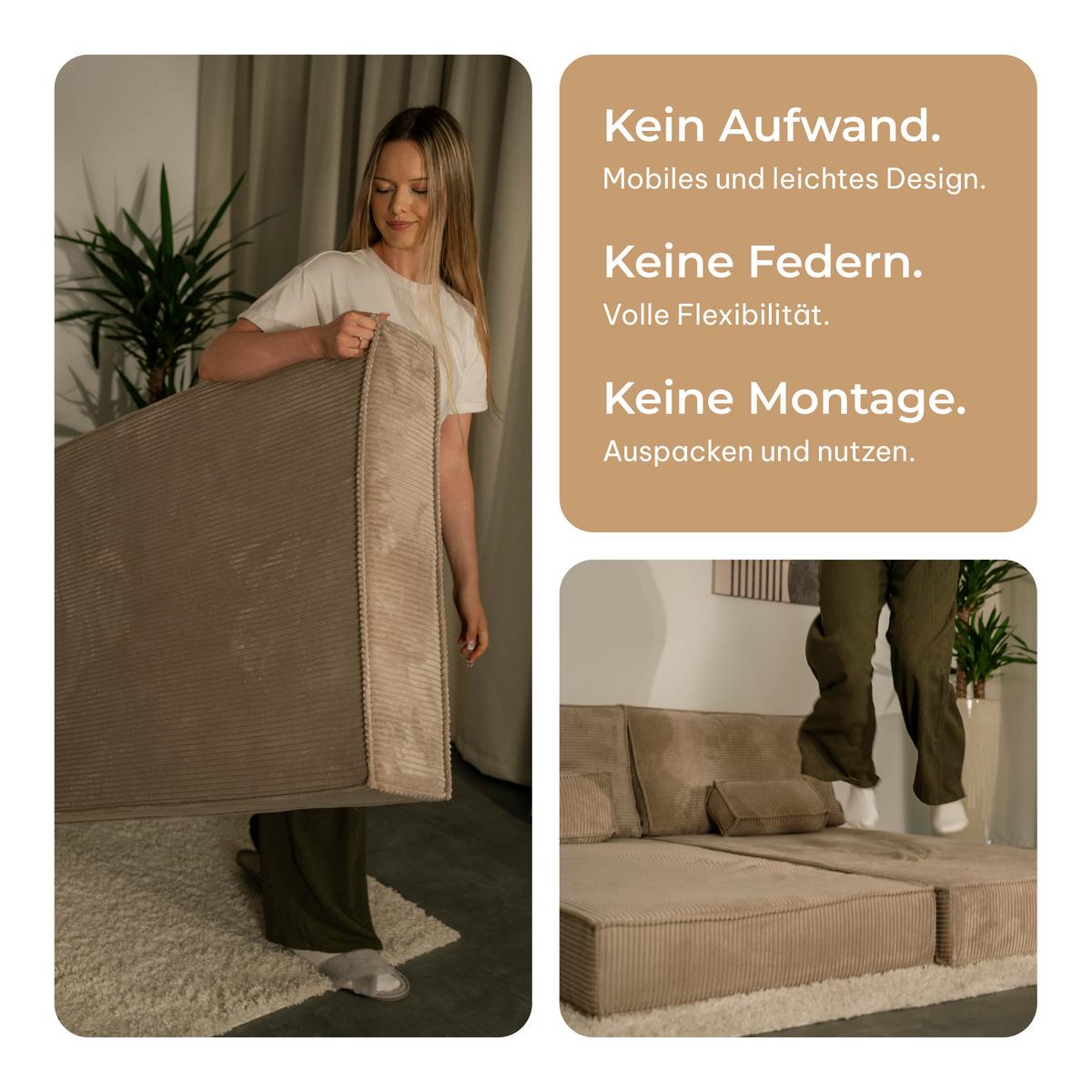 ECKSOFA ANKO modulares Boneless Sofa mit Schlaffunktion Beige Cordstoff - Beige, Textil (270/160cm) - MASSENO
