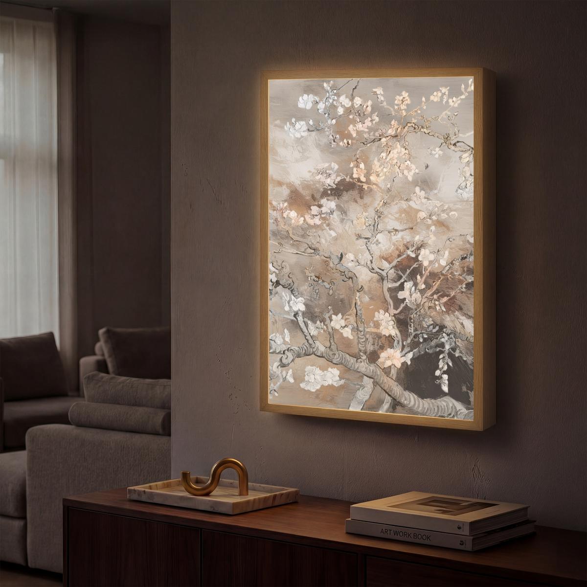 WANDLEUCHTE MIT AKKU Mandelblüte - Kunst - Van Gogh - Beige - Abstrakt 40x60 cm - Graubraun, Holzwerkstoff (40/60/8cm) - OnlyWow