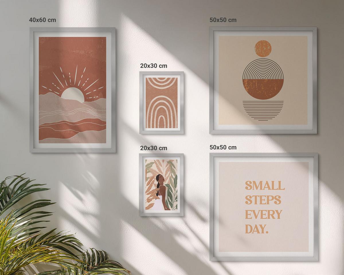 BILDER SET 5er Set - 50x50 cm & 20x30 cm & 40x60 cm Silberner Rahmen - Ein entspannter Buddha am Strand - Silberfarben, Kunststoff (40/60cm) - TULUP