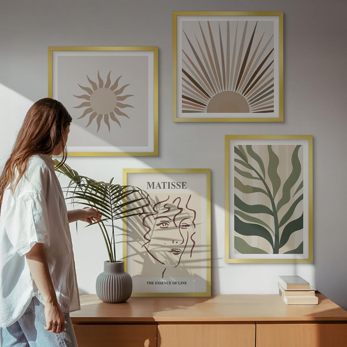 BILDER SET 4er Set - 50x50 cm & 40x60 cm Goldrahmen - Abstrakte Pflanzenmuster - Goldfarben, Kunststoff (50/50cm) - TULUP