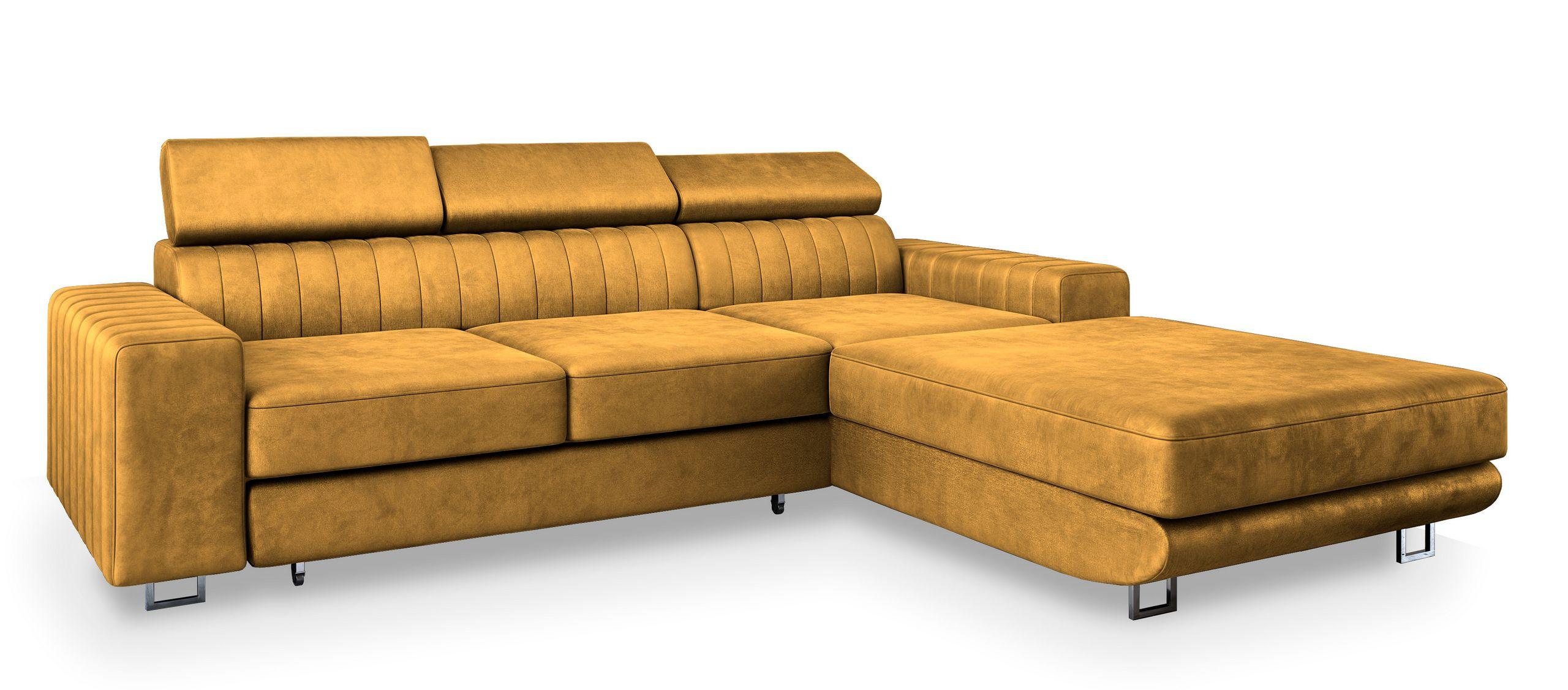 ECKSOFA NOTO R-S Gelb Velours-Stoff mit Schlaffunktion - Gelb/Silberfarben, Holz/Textil (267/190cm) - MASSENO