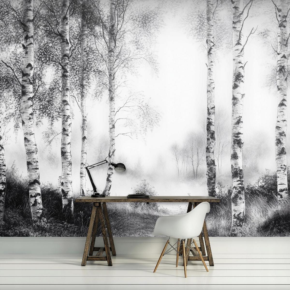 FOTOTAPETE Wald Schwarz Weiß Vlies Tapete Wohnzimmer Schlafzimmer 150x105 - Grau, Papier (150/105cm) - Wallarena