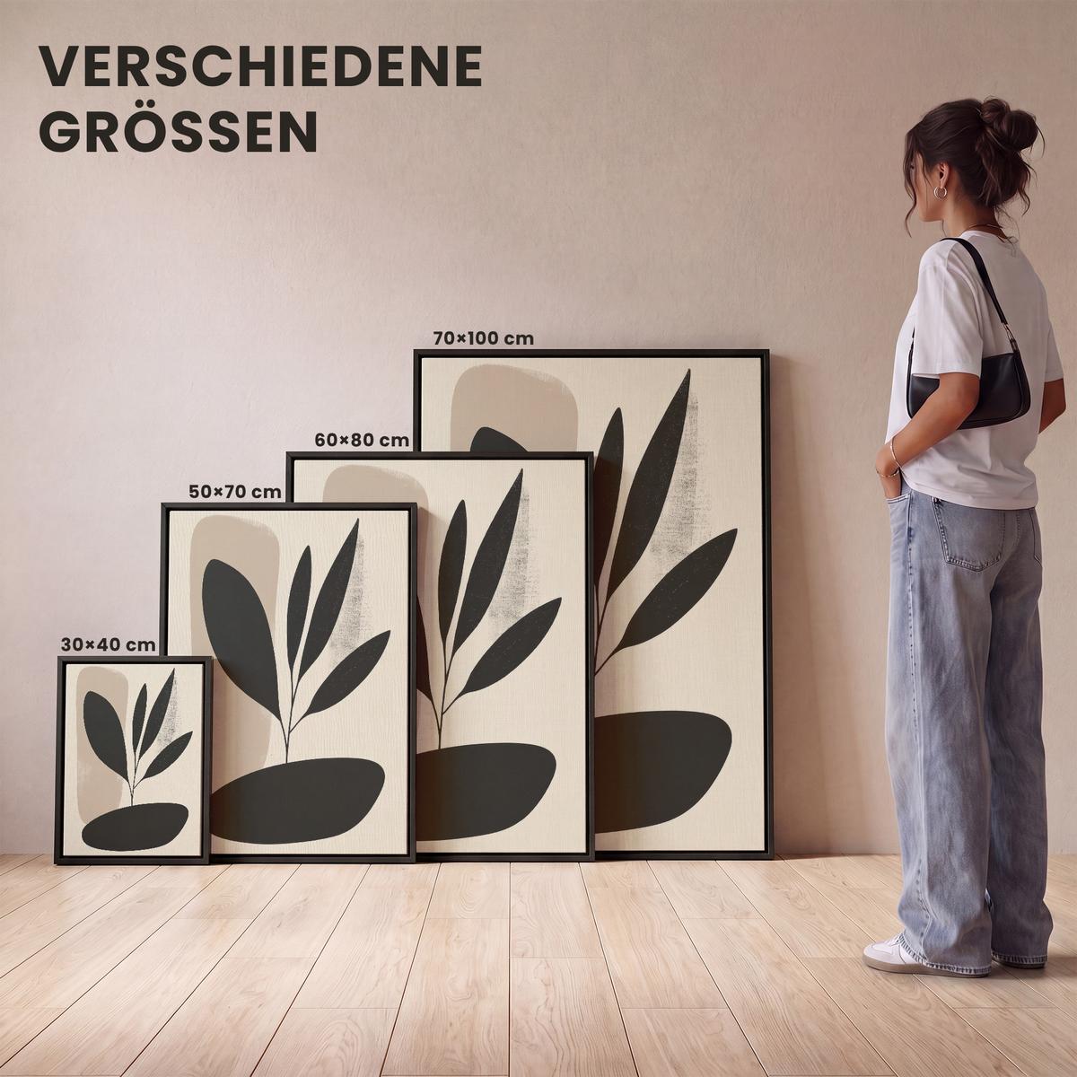 LEINWAND Bilder mit Rahmen - Pflanze - Beige - Japanisch - 50x70 - Schwarz, Textil (50/70cm) - MuchoWow