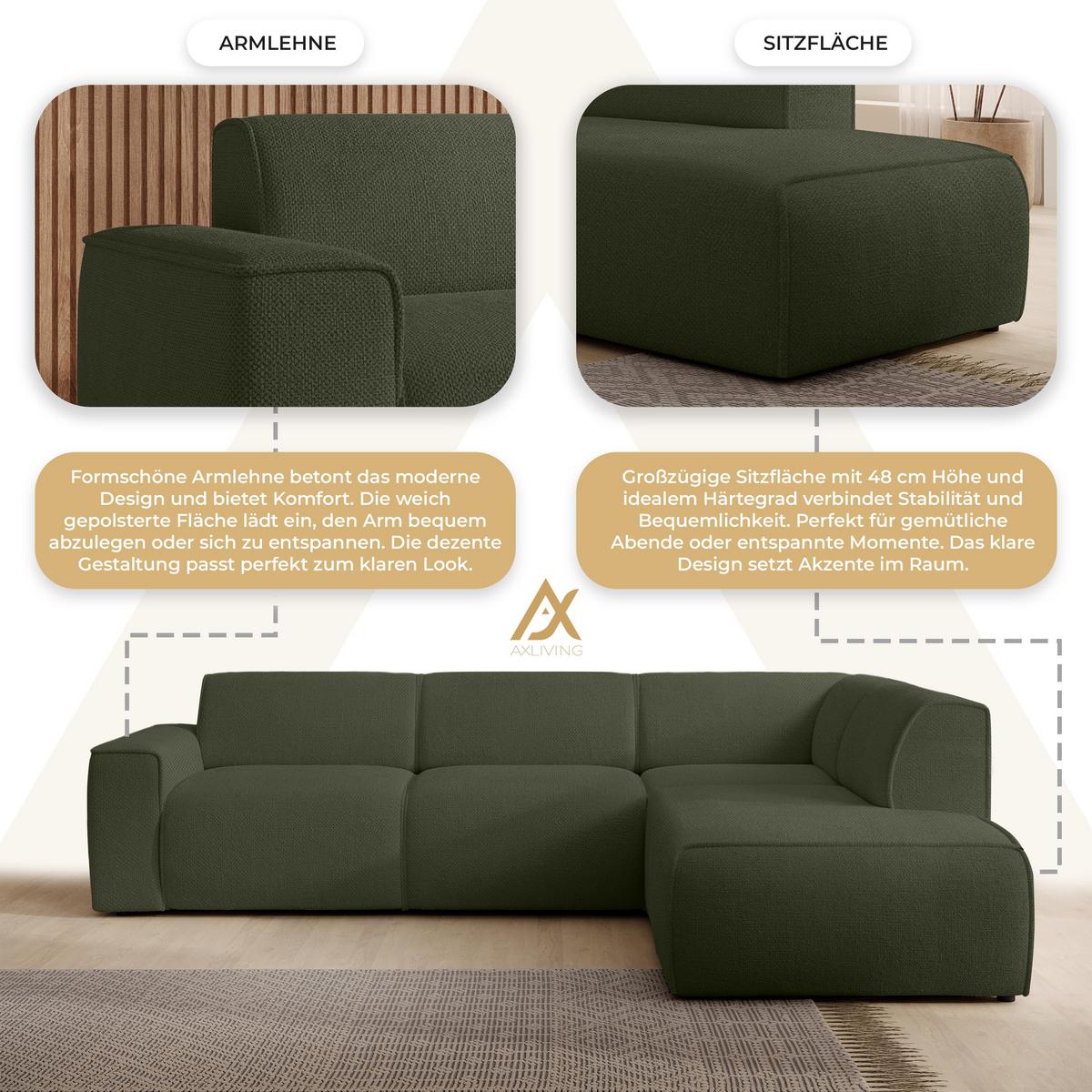 ECKSOFA L Form Didim Grün 292/220/78 cm – großes Sofa stilvoll & bequem R - Schwarz/Grün, Kunststoff/Textil (292/220cm) - AX Living