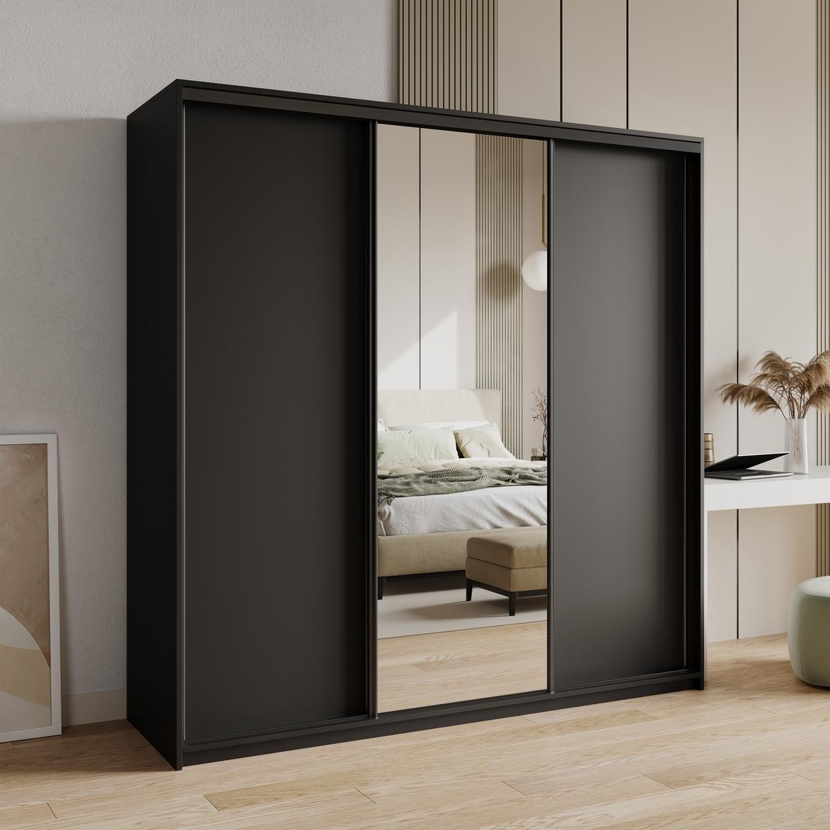 SCHWEBETÜRENSCHRANK TAVI 200/205/60 cm 3-türig mit Spiegel Schwarz - Schwarz, Holzwerkstoff (200/205/60cm) - MASSENO