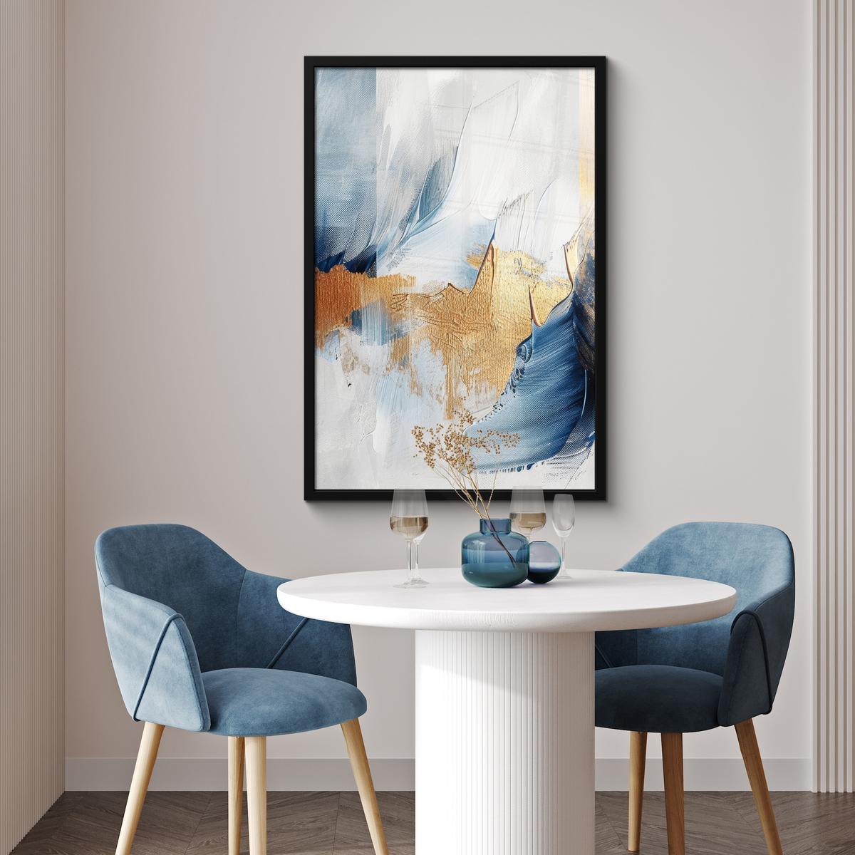 POSTER MIT RAHMENGERAHMTES BILD Gold - Blau - Aquarell - Kunst - Modern 60x90 cm - Hellblau, Papier (60/90cm) - MuchoWow