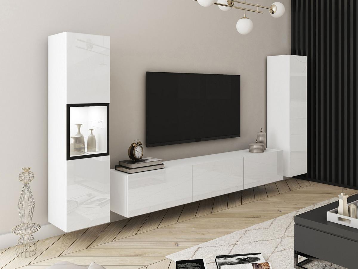 WOHNWAND Berlin III mit weißer LED Beleuchtung - Weiß Hochglanz/Alufarben, Holzwerkstoff/Kunststoff (180/30/33cm) - MIRJAN24