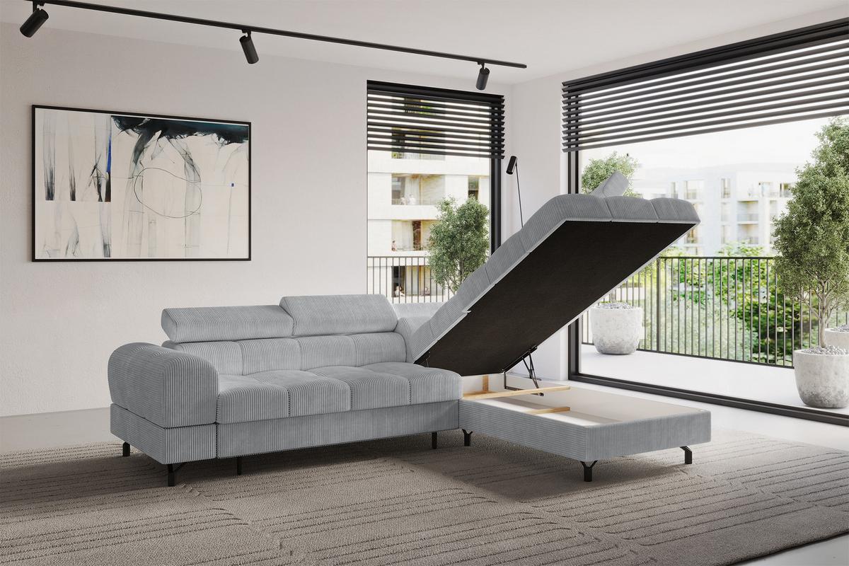 ECKSOFA mit Schlaffunktion Ottomane Rechts LUMA-L 272x203x70 Grau Cord - Schwarz/Grau, Holzwerkstoff/Kunststoff (203/272cm) - ALTDECOR