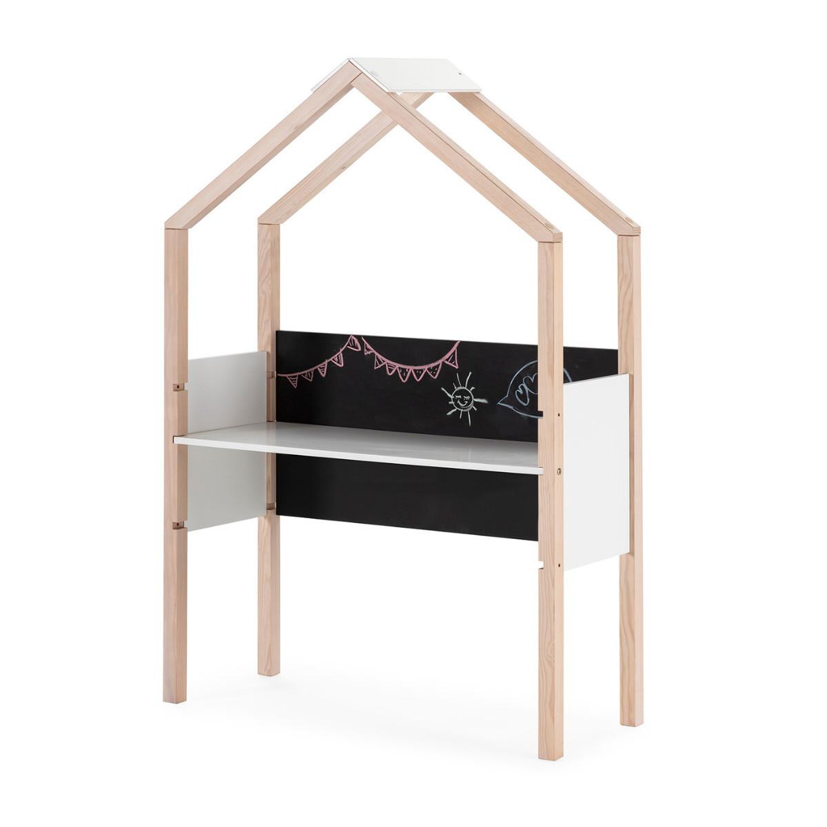 BÜRO mit Schiefertafel in Hausform, dekoriert in weißem Hochglanz und hellem Holz, L100 cm 40/100/155 cm - Weiß, Holzwerkstoff (40/155/100cm) - Calicosy