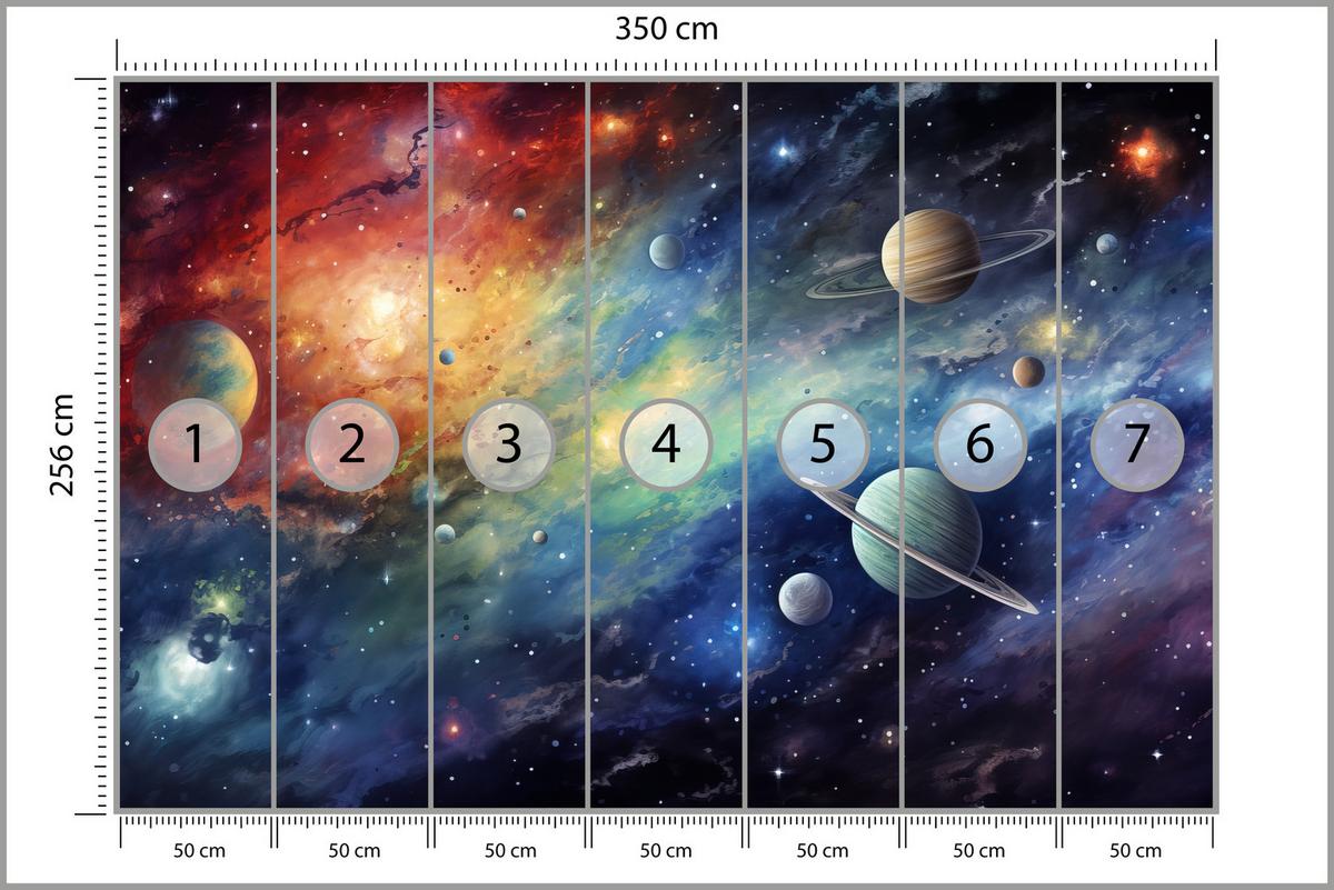 FOTOTAPETE für Jugendzimmer Aquarell Galaxie Planeten Sterne 350x256 - Blau/Gelb, Papier (350/256cm) - Muralo