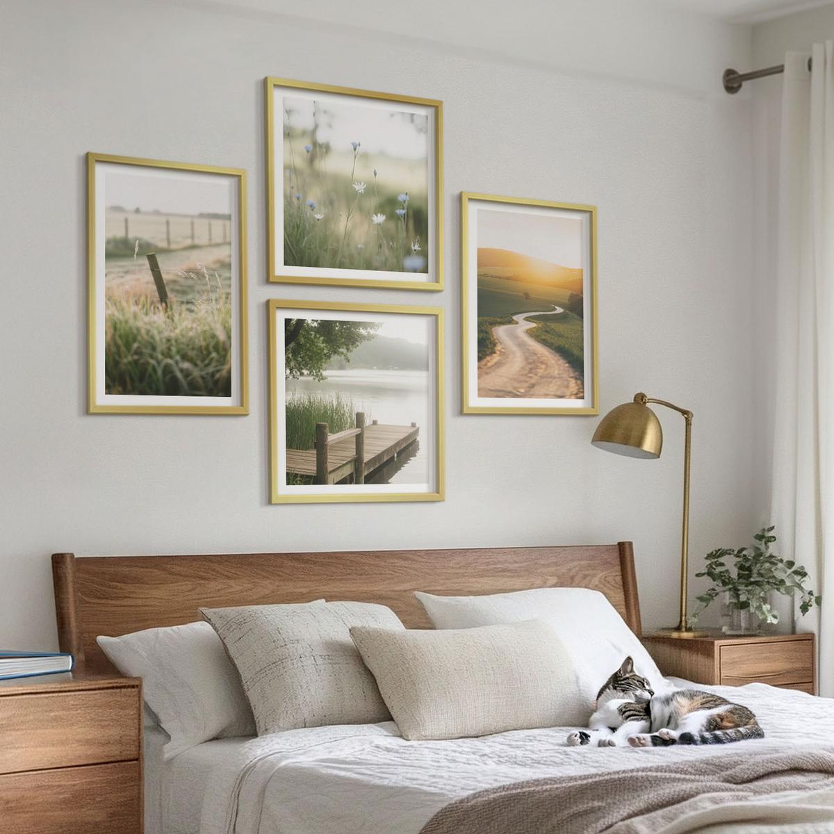BILDER SET 4er Set - 50x50 cm & 40x60 cm Goldrahmen - Landschaftswiesenstraße West - Goldfarben, Kunststoff (50/50cm) - TULUP