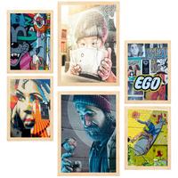 POSTER Set Mit 6 Bunte Graffiti Straßenkunst Schablone A3 & A4 Rahmen Aus Hellem Holz - Beige, Papier (29/3cm) - Nacnic