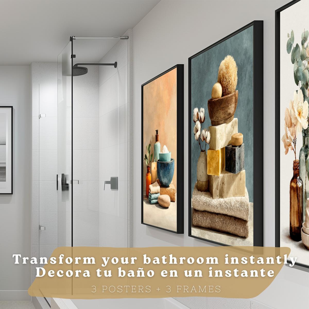 POSTER 3er-Set dekorative Badezimmer-Wandbilder und für Waschbecken, Dusche, WC mit Kerzen, Seifen und Blumen, farbenfroher Schwarzer Rahmen A3 - Schwarz, Papier (42/29.7/3cm) - Nacnic
