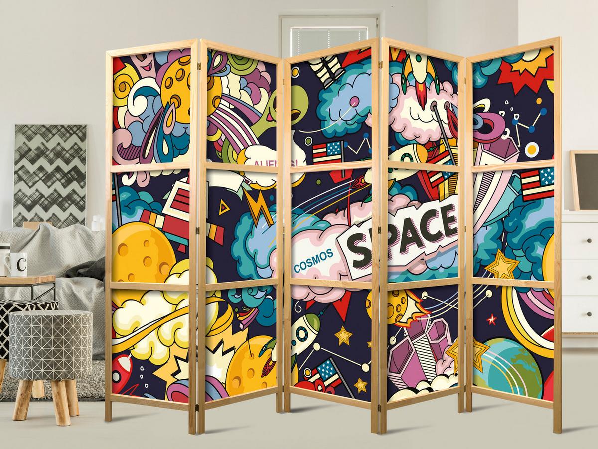 PARAVENT Japanischer 5-tlg 225x172 cm Bunter Comic-Stil - Multicolor, Holz/Textil (225/172/3cm) - Muralo