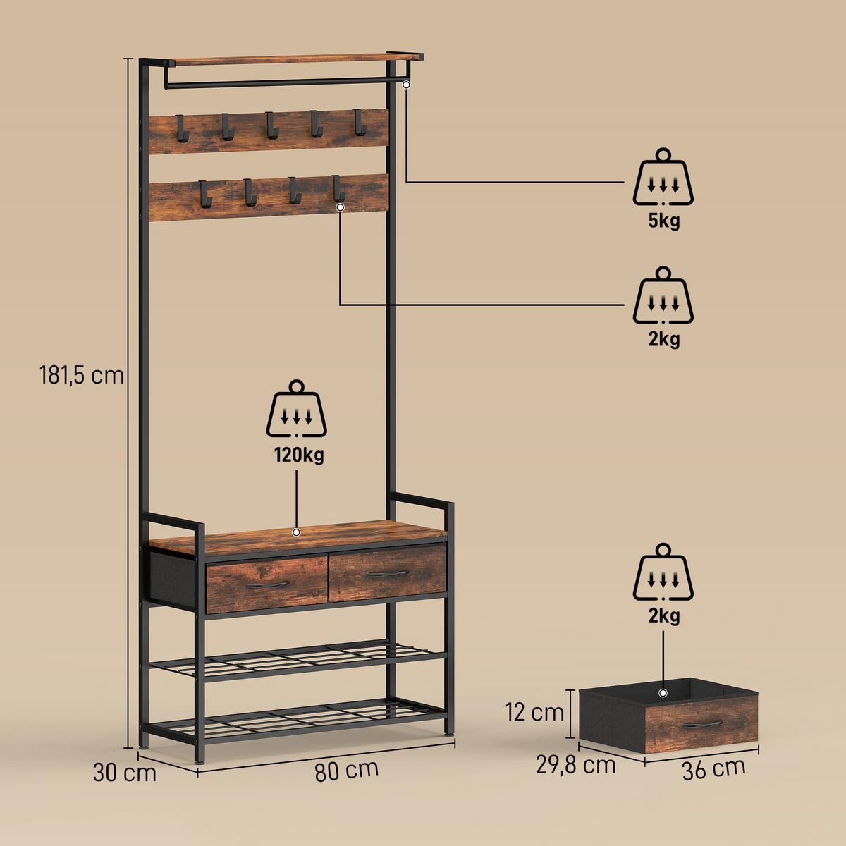 GARDEROBENSTÄNDER aus Spanplatte Rustikal Braun - Braun, Holzwerkstoff (30/181.5/80cm) - HOMCOM