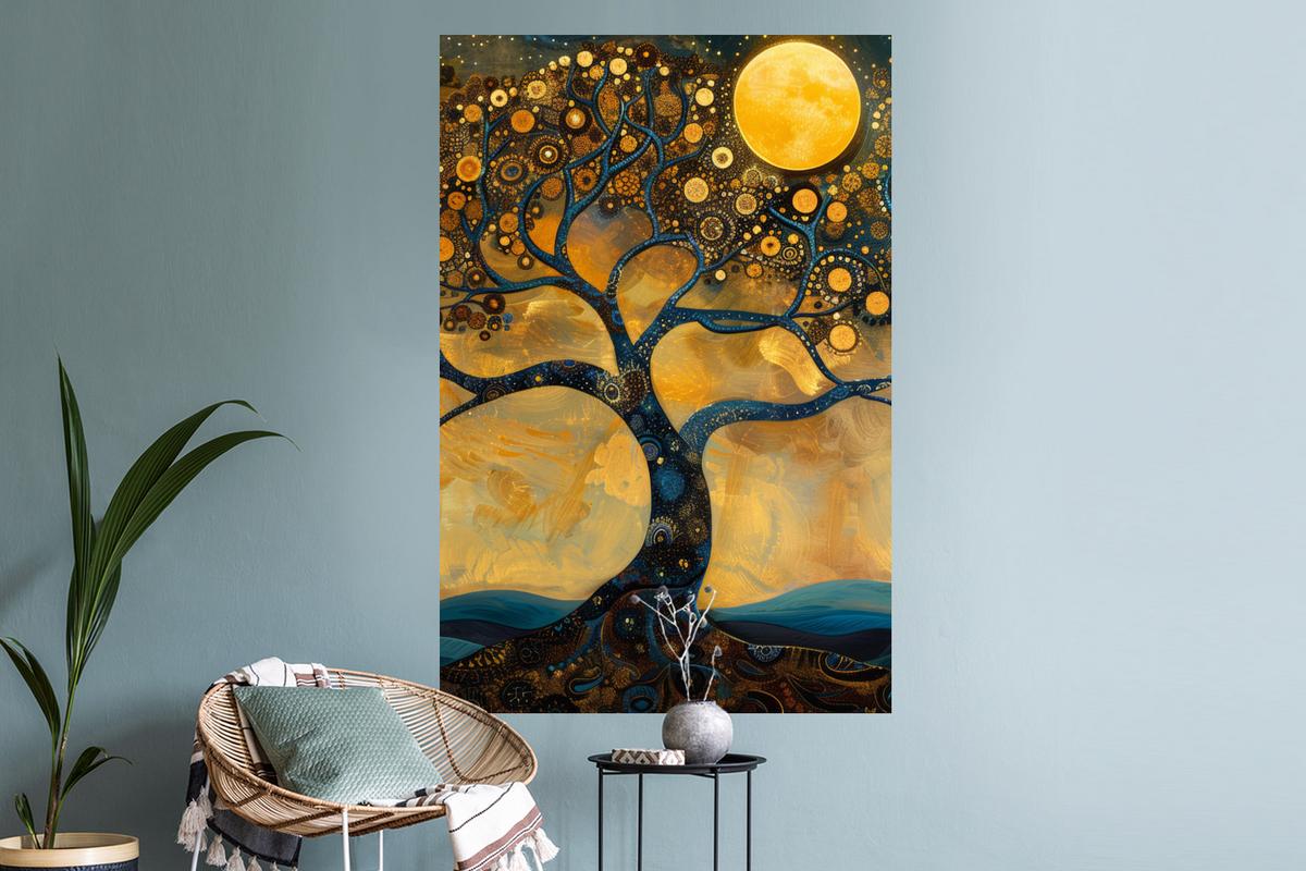 WANDTATTOO Baum - Mond - Blumen - Gold - Kunst Wandaufkleber 80x120 cm - Orange, Kunststoff (80/120/0.1cm) - MuchoWow