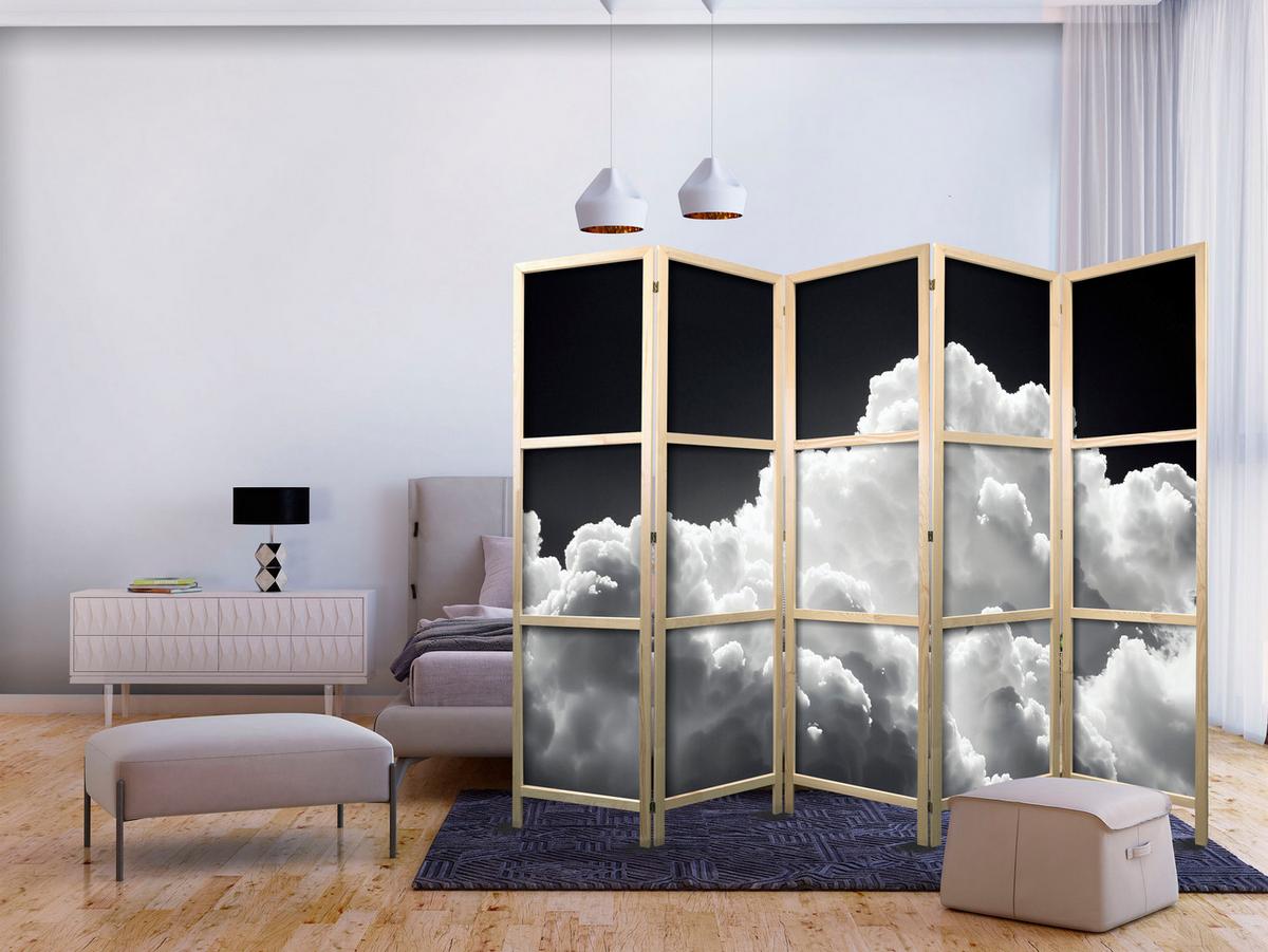 PARAVENT Japanischer 5-tlg 225x172 cm Schwarz-Wei e Wolken - Schwarz, Holz/Textil (225/172/3cm) - Muralo