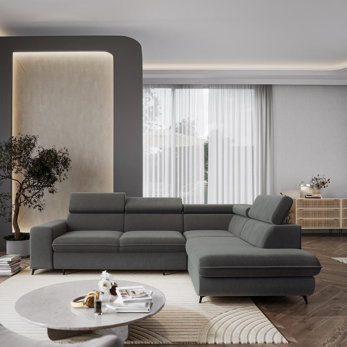 ECKSOFA VELISS Grau Veloursstoff mit Schlaffunktion - Grau, Holz (255/193cm) - MASSENO